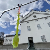 ZÁŘIVÁ  RŮŽE Z URANOVÉHO SKLA NA TERASE MUZEA